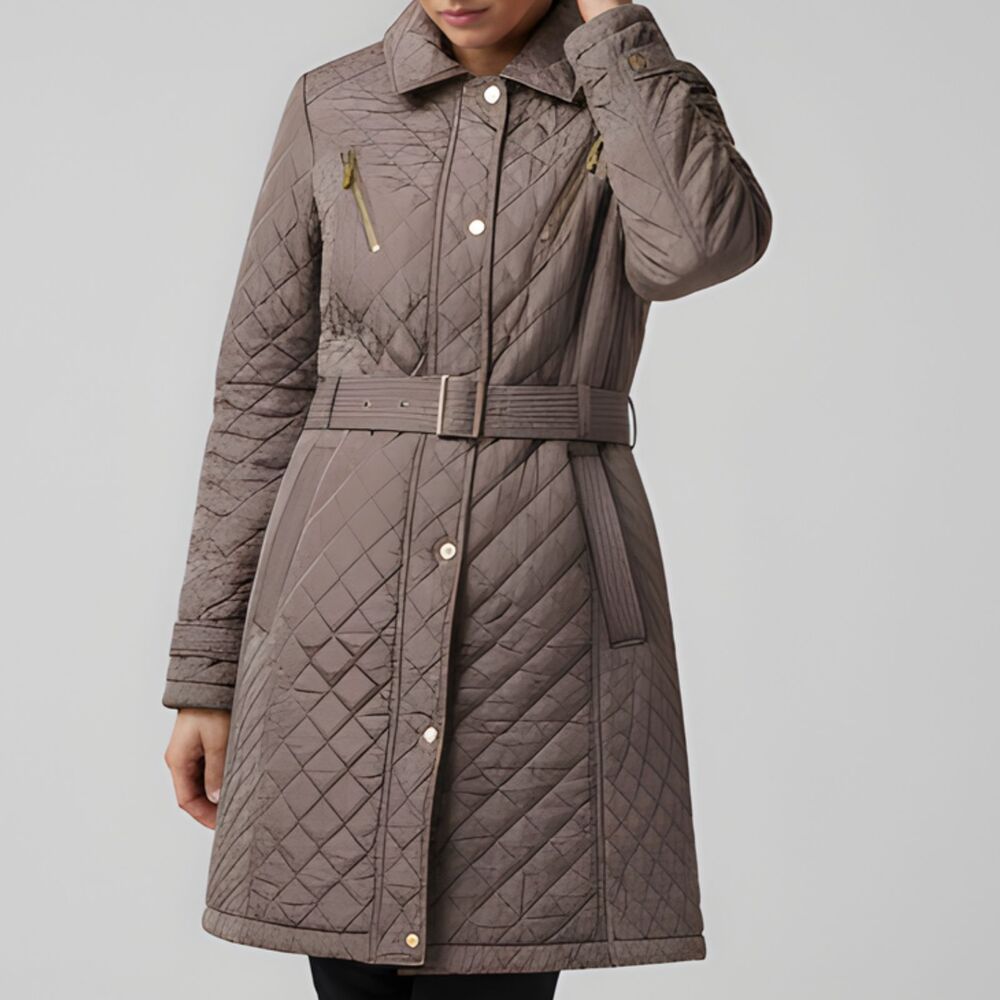 Michael Kors Women's Quilted Belted Hooded Long Coat Anorak Truffle Size L